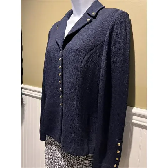 Vtg St John 2pc Skirt Suit Navy Blue Santana Knit Gold Tone Button Jacket Sz 2